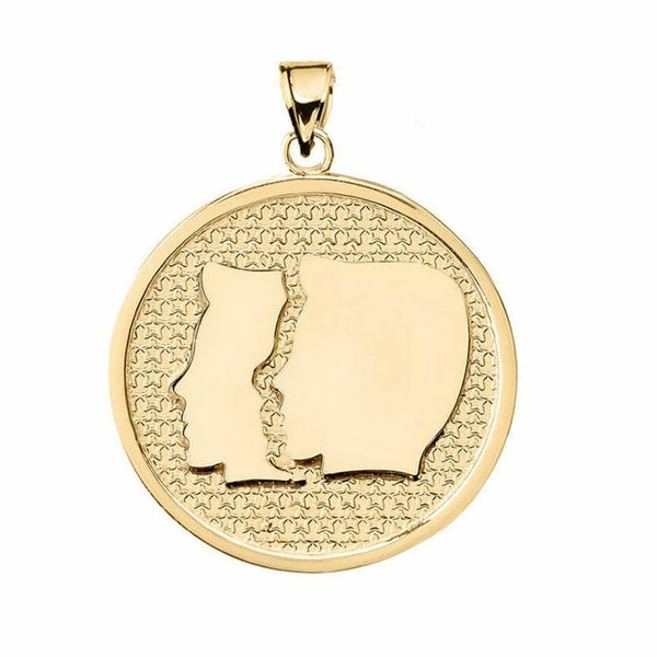 14K Solid Gold Gemini Zodiac Sign Disc Round Pendant Necklace