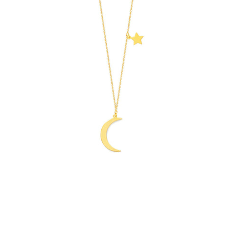 14K Solid Yellow Gold Dangle Half Crescent Moon and Star Necklace adjustable