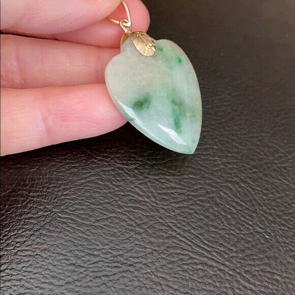 18K Solid Real Yellow Gold Genuine Natural Jadeite Heart Jade Pendant