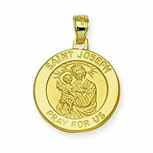 Solid 14k Real Yellow Gold Saint St. Joseph Pray for Us Round Pendant Charm