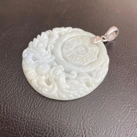 925 Sterling Silver Carving Jade Dragon Phoenix Yin Yang Pendant Necklace