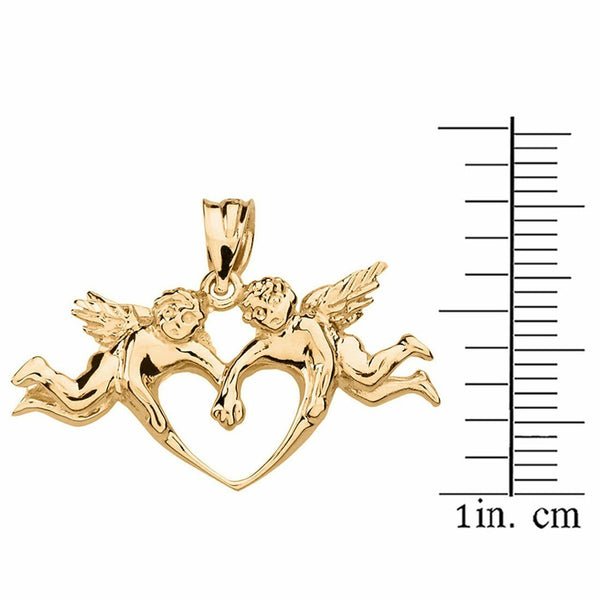 14k Solid Yellow Gold Cherub Loving Angels Love Heart Pendant Necklace