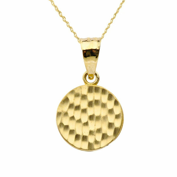 Solid 10k Yellow Gold Mini Hammered Round Small Disk Disc Pendant Necklace