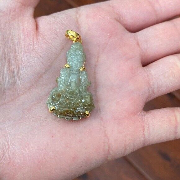 14K Real solid Gold Genuine Natural Jade Kwan Yin Lady Buddha Pendant Necklace