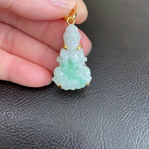 14K Real Gold Genuine Jade Kwan Yin Female Buddha Pendant Necklace Small