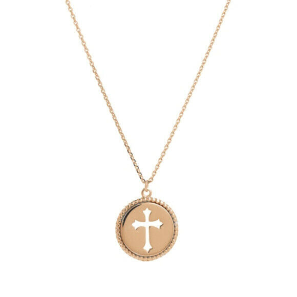 14K Solid Rose Gold Small Disk/Dics Cut Out Cross Medallion Necklace