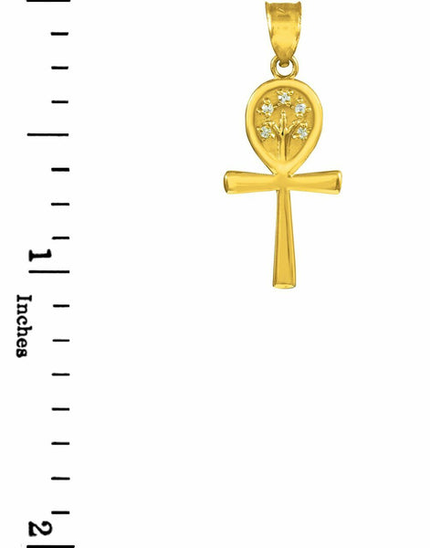 10K Solid Yellow Gold Ankh Cross CZ Tree of Life Pendant Necklace