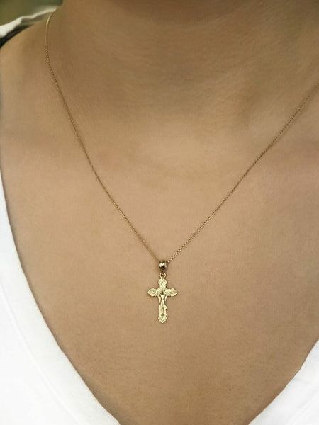 14k Solid Yellow Gold Dainty Floral Crucifix Pendant Charm Necklace