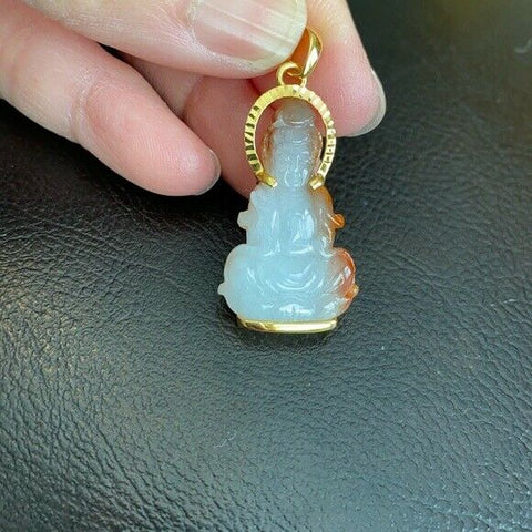 14K Solid Gold Buddha Quan/Kwan Yin Natural White Red Jade Pendant -Small