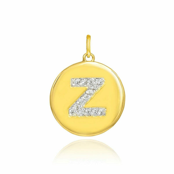 Solid 10k Yellow Gold Letter "Z" Initial Diamond Disc Charm Pendant Necklace