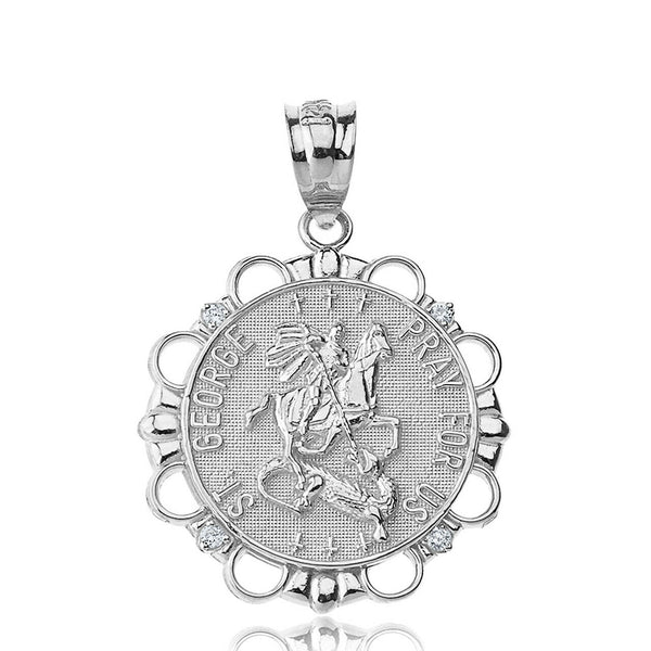 925 Sterling Silver CZ St. Saint George Pray For Us Circle Pendant Necklace