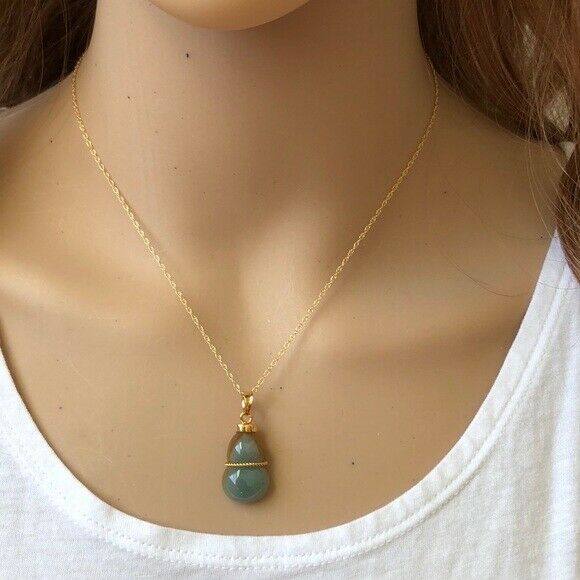 14K Solid Gold Natural Real Jade Gourd Bottle Pendant Necklace -Minimalist