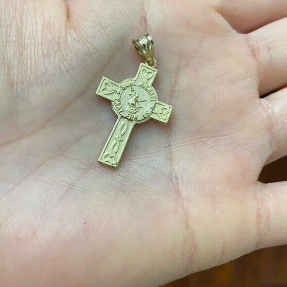 14k Solid Gold St. Saint Michael Pray For Us Celtic Heart Cross Pendant Necklace