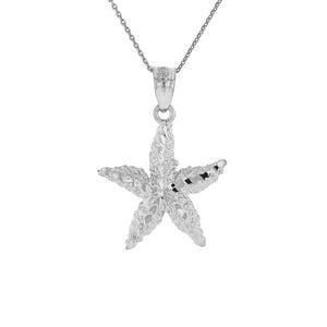 925 Sterling Silver Diamond Cut Starfish Sea Star Charm Pendant Necklace