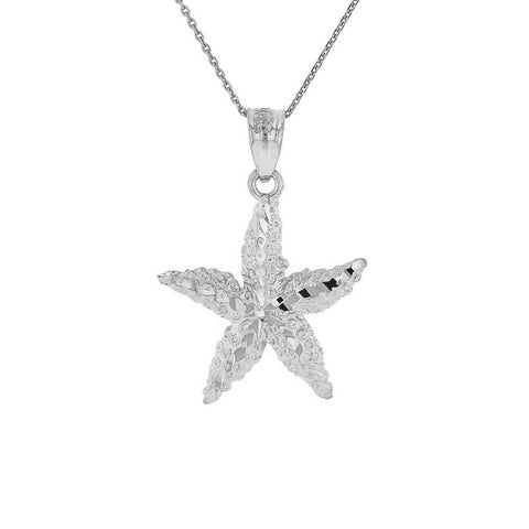 925 Sterling Silver Diamond Cut Starfish Sea Star Charm Pendant Necklace