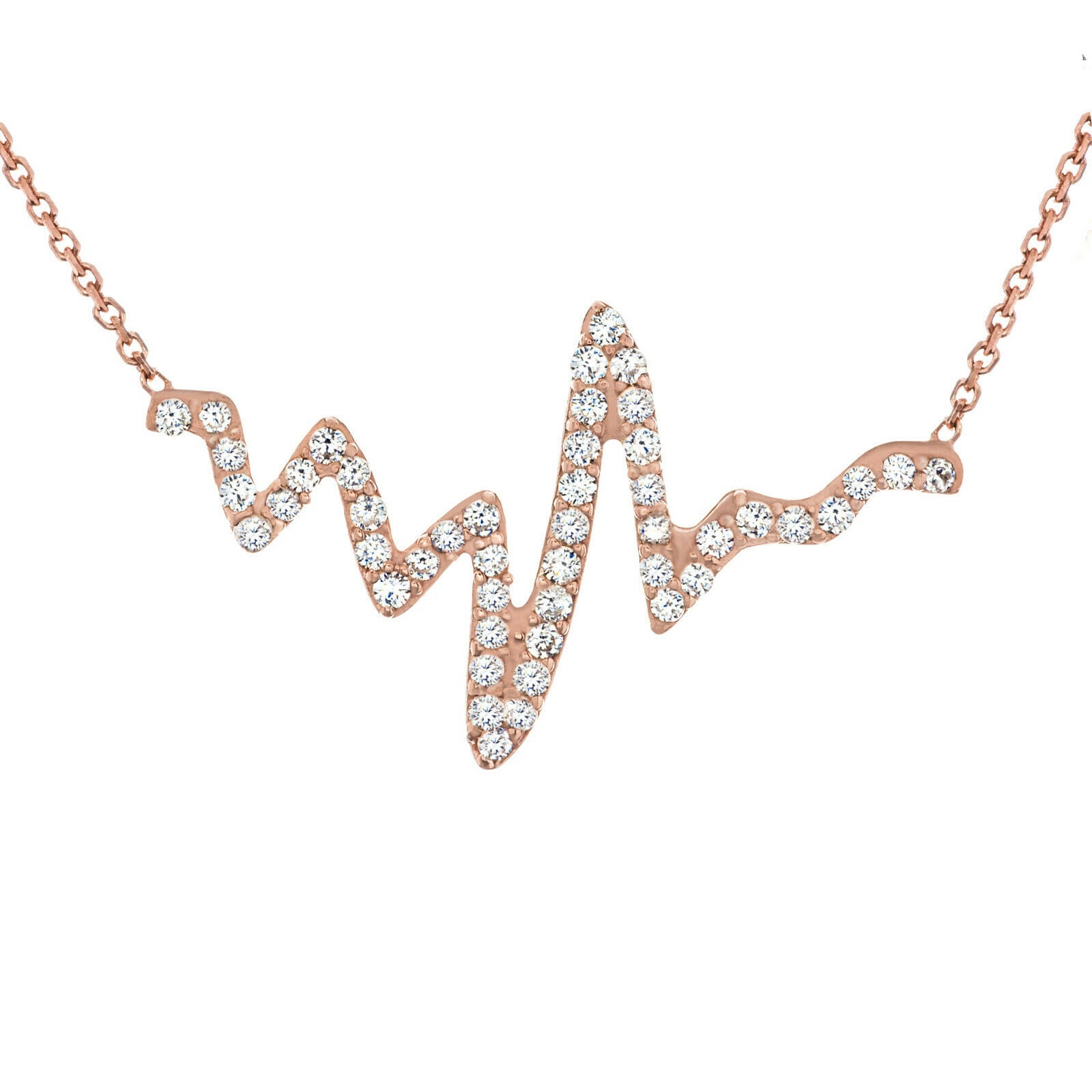 .925 Sterling Silver Rose Gold Pulse HeartBeat Heart Beat CZ Necklace - Adjust