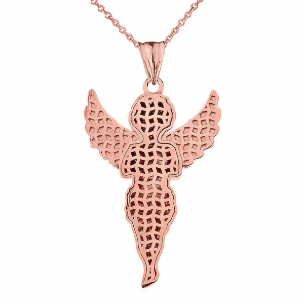14k Solid Rose Gold Angel CZ Religious Pendant Necklace