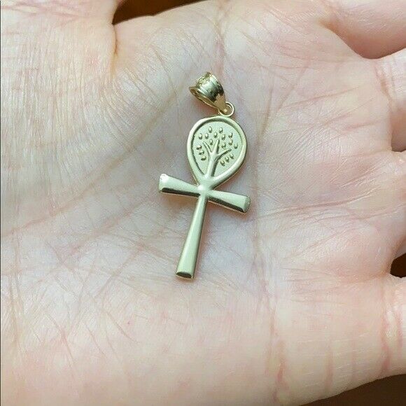 10K Solid Yellow Gold Ankh Cross Tree of Life Pendant Necklace