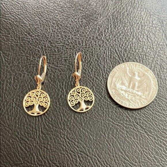 10K Solid Yellow Gold Tree of Life Openwork Drop / Dangle Leverback Earrings