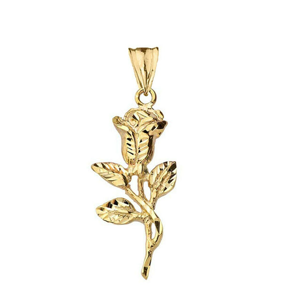 10k or 14k Solid Yellow or Rose or White Gold Sparkle Cut Rose Pendant Necklace