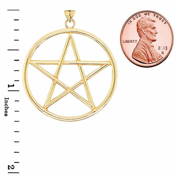 Solid 14k Yellow Gold Large Pentagram Friendship Pendant Necklace