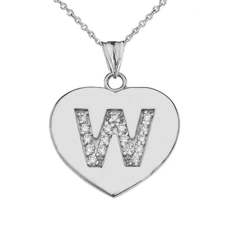 925 Sterling Silver CZ Initial Letter W Heart Pendant Necklace - 16" 18" 20" 22"