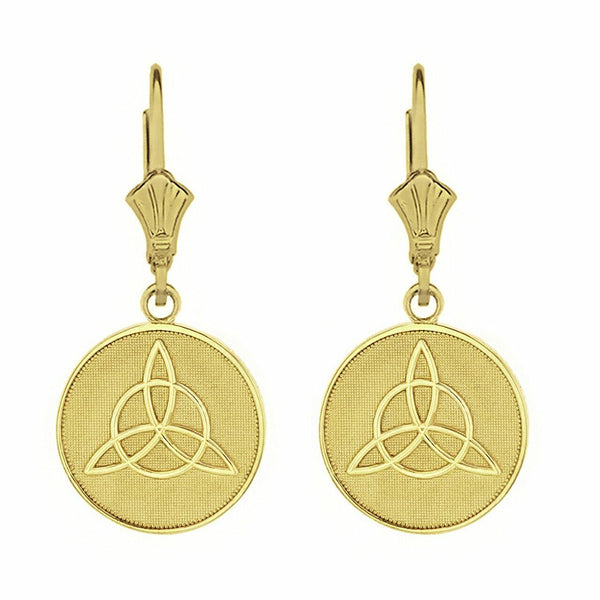 10k Solid Yellow Gold Triquetra Irish Celtic Disc Leverback Earrings
