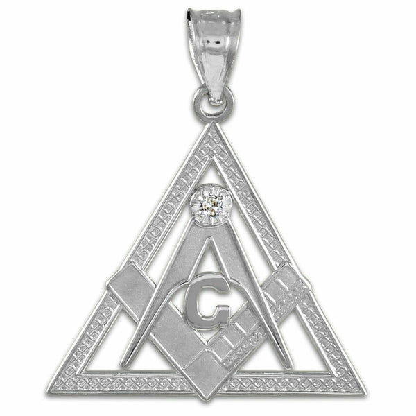 925 Sterling Silver Freemason Triangle Masonic CZ Pendant Necklace