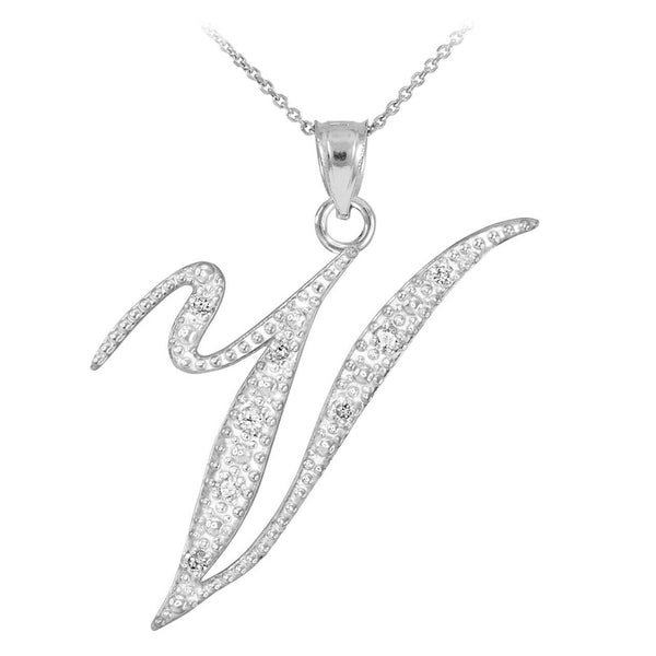 Personalized 925 Sterling Silver CZ Initial Script Letter V Pendant Necklace