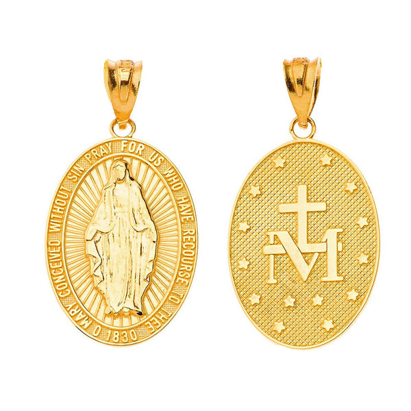 14K Solid Gold Our Lady of Graces Miraculous Medal Oval Pendant Necklace