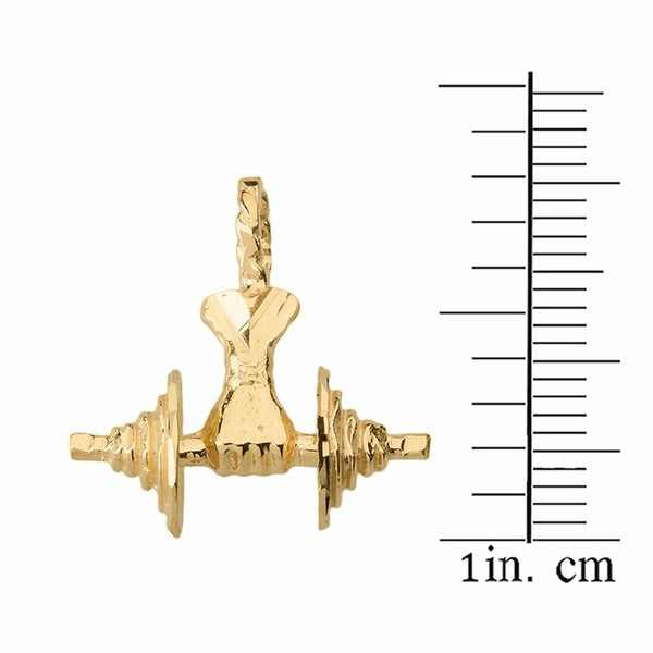 10k Solid Yellow Gold Bodybuilding Lifting Barbell 3D Pendant Necklace