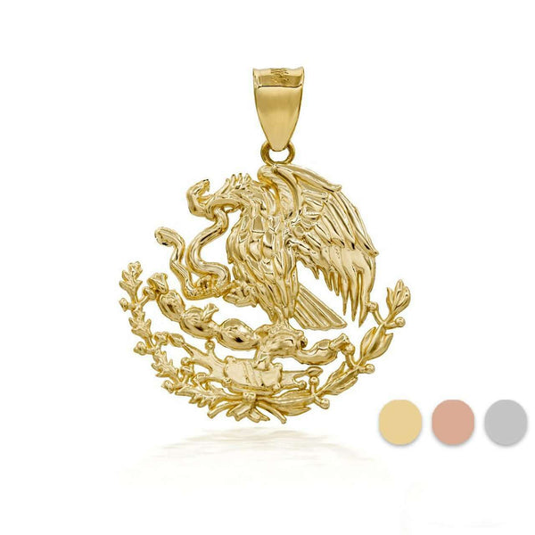 10K Solid Yellow Gold Mexico Mexican Eagle Coat Of Arms Pendant Necklace