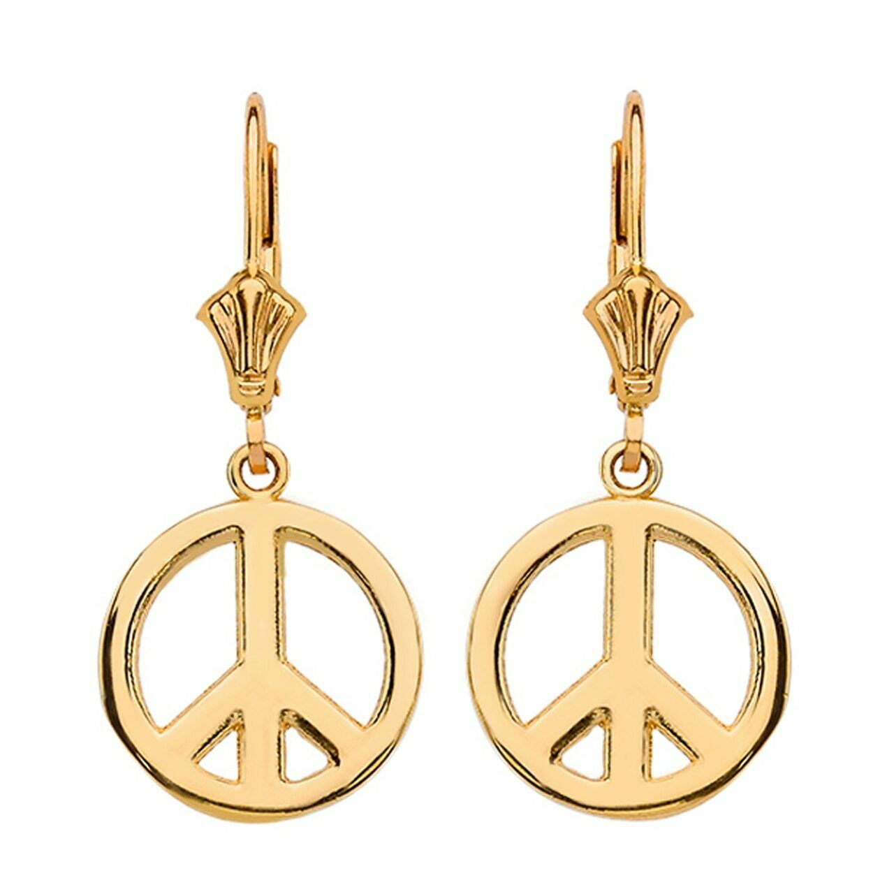 14k Real Yellow Gold Open Boho Peace Symbol Drop / Dangle Leverback Earrings