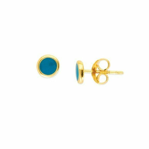14K Solid Gold Turquoise Enamel Mini Stud Round Circle Earrings -Minimalist