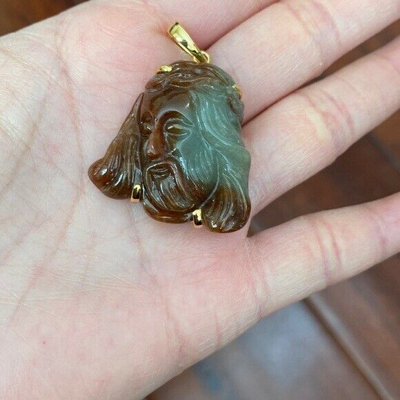 14K Real Solid Gold Natural Jade Carved Jesus Christ Head Pendant Charm