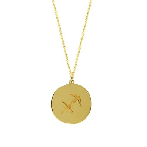 14K Solid Gold Organic Disk Engraved Sagittarius Zodiac Symbol Pendant Necklace