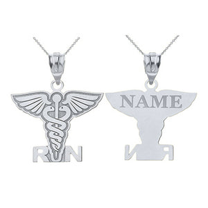 Personalized Engrave Name Silver Caduceus RN Registered Nurse Pendant Necklace