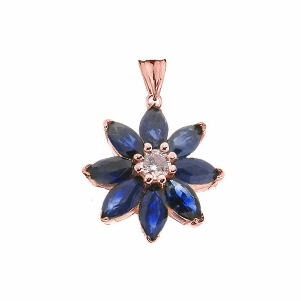 Solid 14k Rose Gold Genuine Sapphire and Diamond Daisy Pendant Necklace