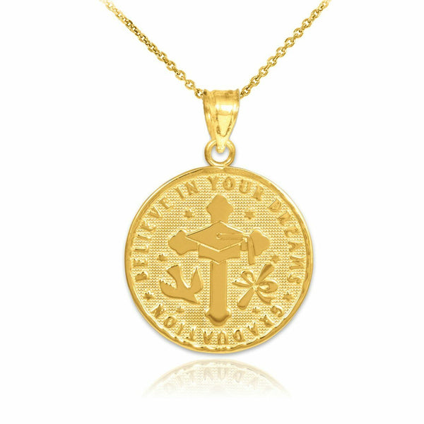 10K Solid Gold Reversible Christian/Catholic Graduation Medallion Pendant