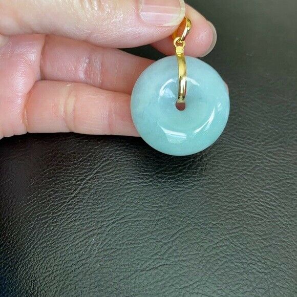 14K Solid Fine Real Yellow Gold Round Donut Natural Jadeite Jade Pendant