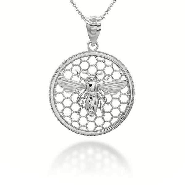 10K Solid Gold Queen Bee Honey Comb Pendant Necklace - Yellow, Rose, or White