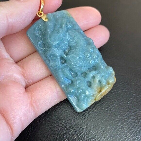 14K Solid Yellow Gold Carved Dragon Natural Jade Pendant Rectangle Men