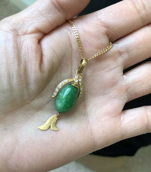 NEW 14K Yellow Gold Green Jade Pendant - ES32