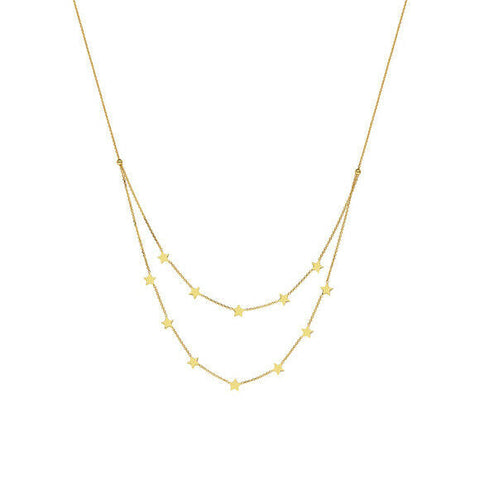 14K Solid Gold Duo Layer Double Strand Multi Stars Adjustable Necklace 16"-18"