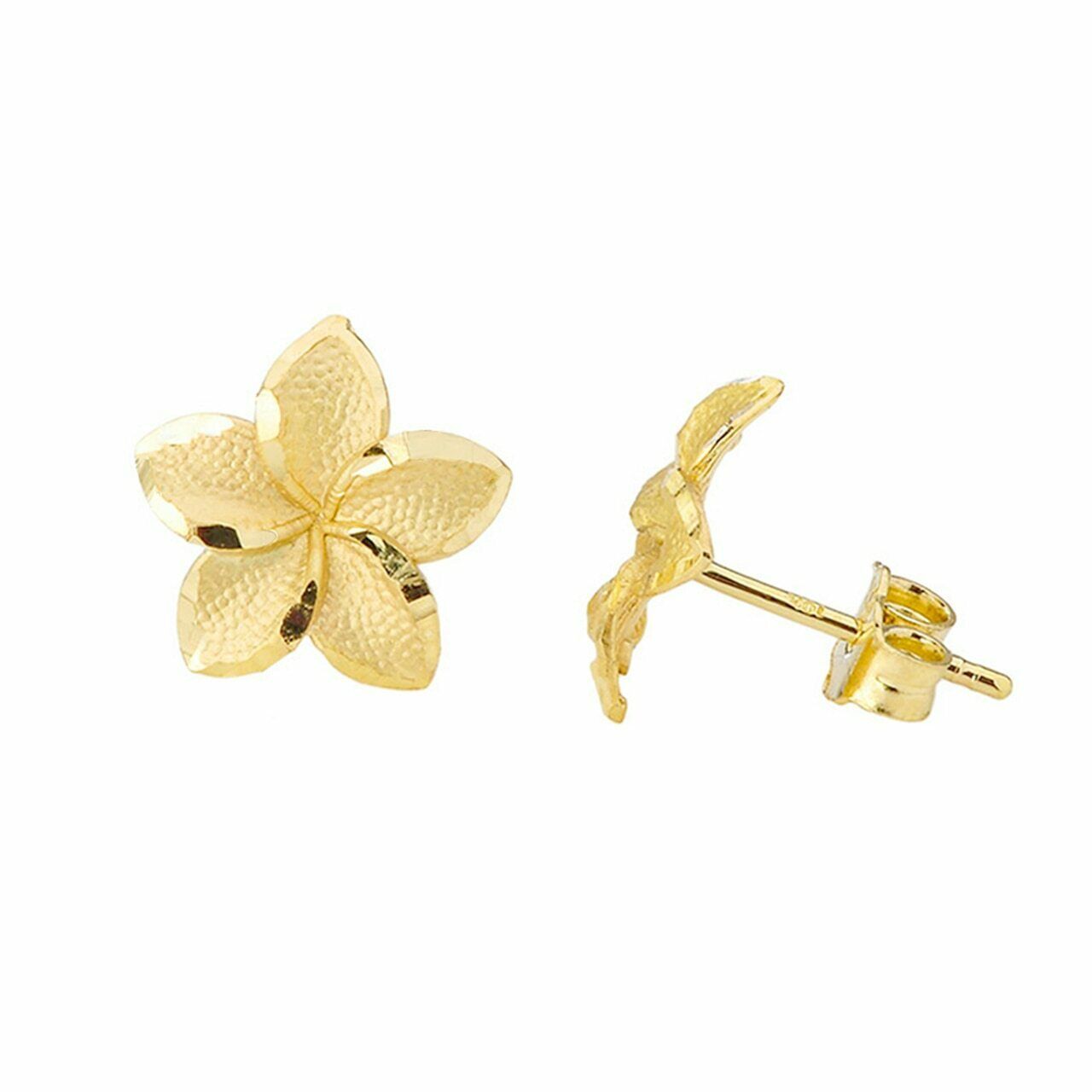 14k Solid Yellow Gold Plumeria Flower Stud Earrings