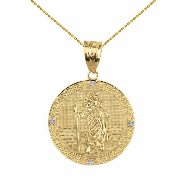 14k Yellow Gold St Christopher Circle Medallion 4 Diamond 1" Pendant Necklace