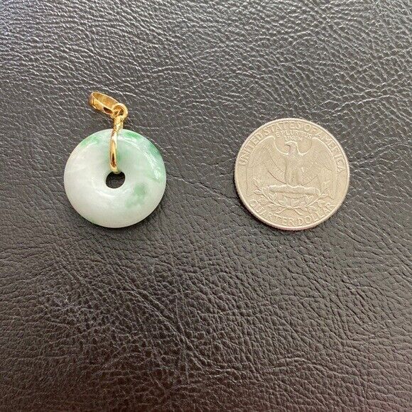 14K Solid Yellow Gold Small Round Donut Natural Jade Pendant Necklace