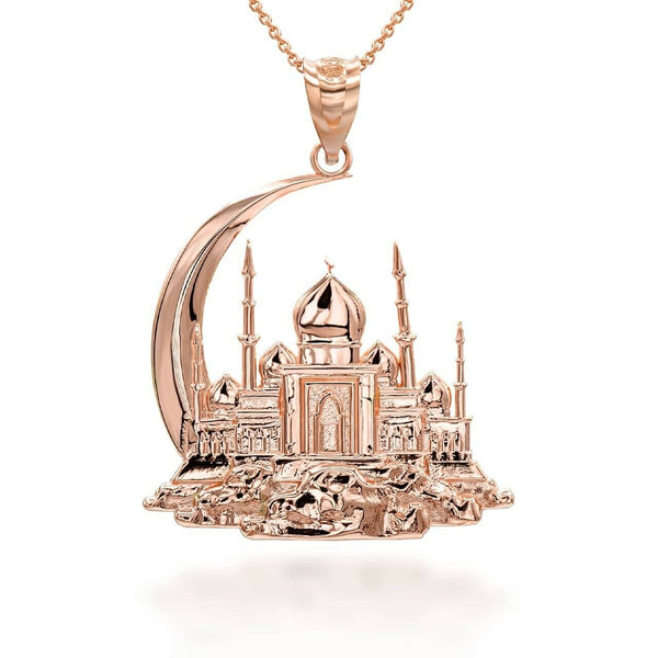10K Solid Gold Islamic Crescent Moon Hilal Ibn Ali Mosque Pendant Necklace