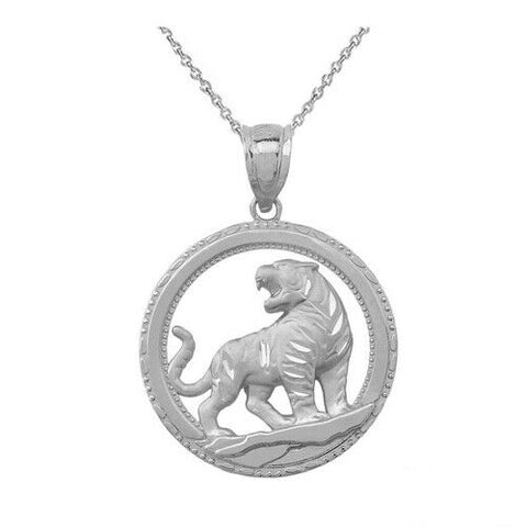 925 Sterling Silver Roaring Tiger Round Diamond Cut Pendant Necklace