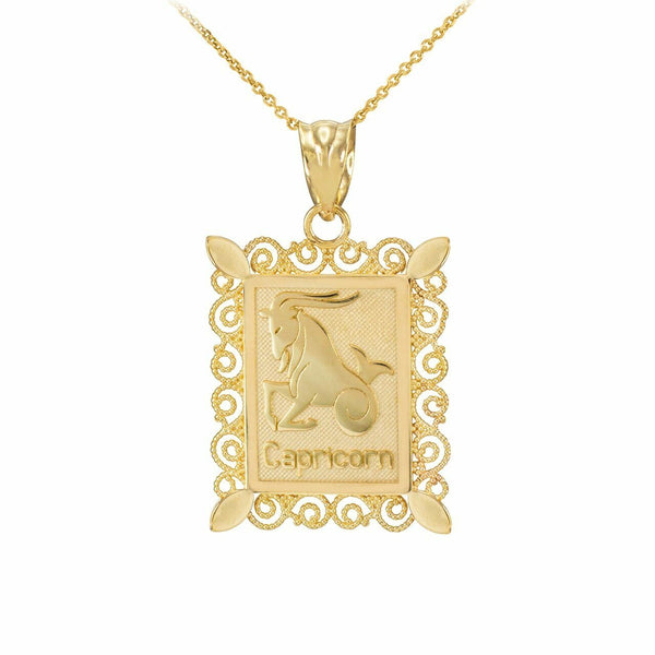 10k Solid Gold Capricorn Zodiac Sign Filigree Rectangular Pendant Necklace